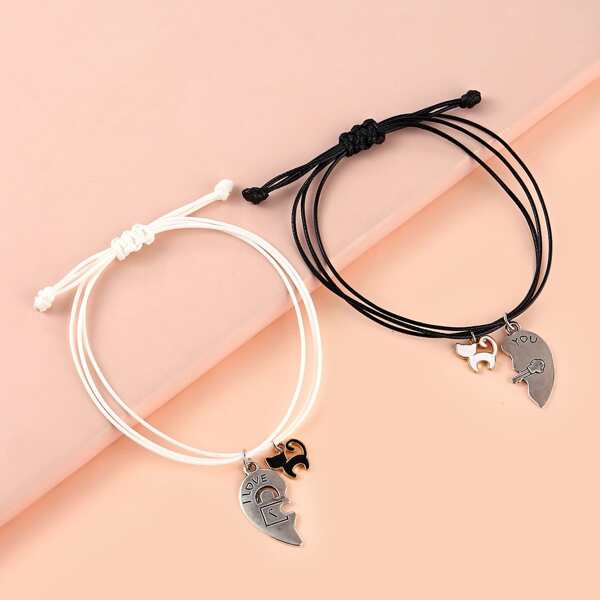 

2pcs Half Heart Charm Bracelet, Multicolor