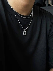 時尚流行2入組男士幾何吊飾項鍊合金，適合珠寶禮物和時尚外觀 - 銀色 - 查看 1