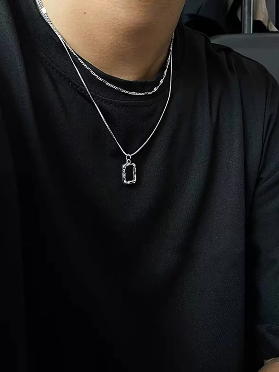 時尚流行2入組男士幾何吊飾項鍊合金，適合珠寶禮物和時尚外觀 - 銀色 - 查看 1