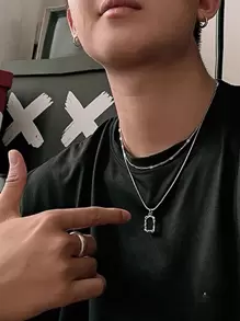 時尚流行2入組男士幾何吊飾項鍊合金，適合珠寶禮物和時尚外觀 - 銀色 - 查看 5