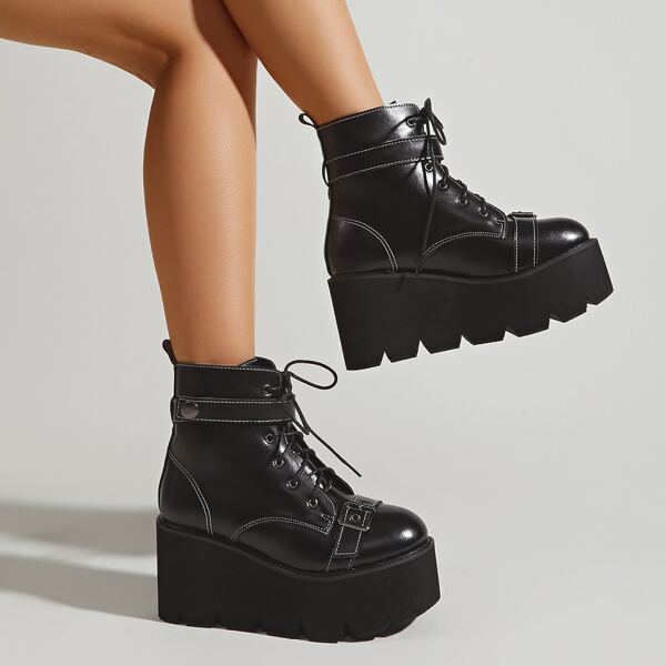 

Buckle Decor Lace-up Front Flatform Boots, Black