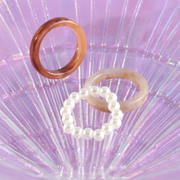 

3pcs Girls Faux Pearl Decor Ring, Multicolor