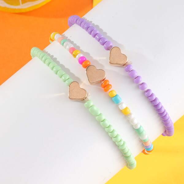 

3pcs Girls Heart Decor Beaded Anklet, Multicolor
