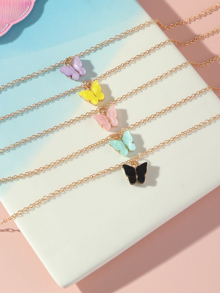 5 件套女士心形和蝴蝶吊坠项链套装