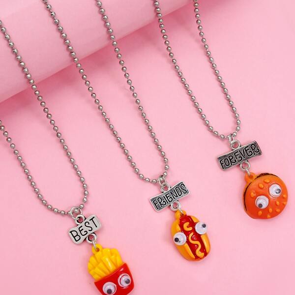 

3pcs Girls Hot Dog Charm Necklace, Multicolor