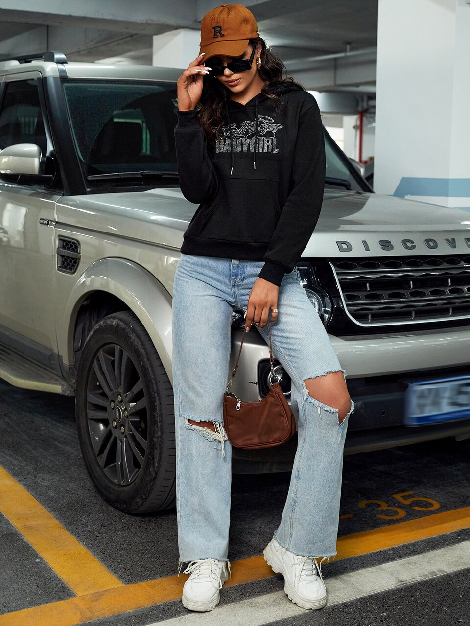 Rhinestone Detail Drawstring Detail Sweatshirt
