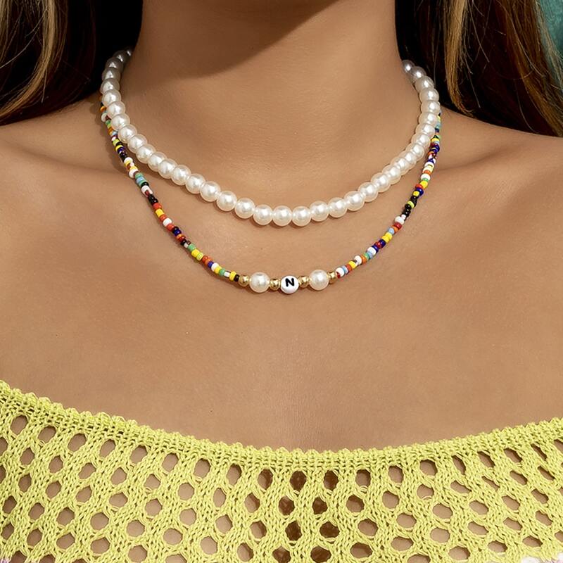 

2pcs Faux Pearl Beaded Necklace, Multicolor
