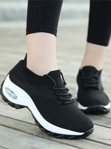Women's Black & White Knitted Walking Shoes With Minimalist Lace-Up & Decorative Details
