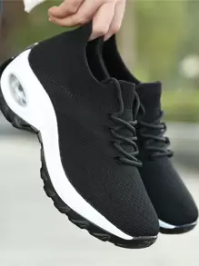 Women's Black & White Knitted Walking Shoes With Minimalist Lace-Up & Decorative Details
