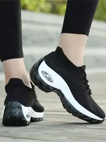 Women's Black & White Knitted Walking Shoes With Minimalist Lace-Up & Decorative Details