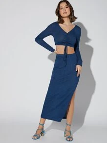 SHEIN 褶邊前繫帶短款上衣和開衩半身裙 - 藍色 - 查看 1