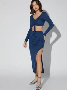 SHEIN 褶邊前繫帶短款上衣和開衩半身裙 - 藍色 - 查看 3