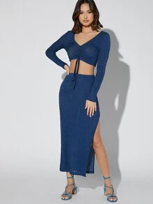 SHEIN 褶邊前繫帶短款上衣和開衩半身裙 - 藍色 - 查看 5