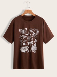 SHEIN EZwear 蘑菇和蝴蝶圖案短袖T恤 - 棕色 - 查看 1
