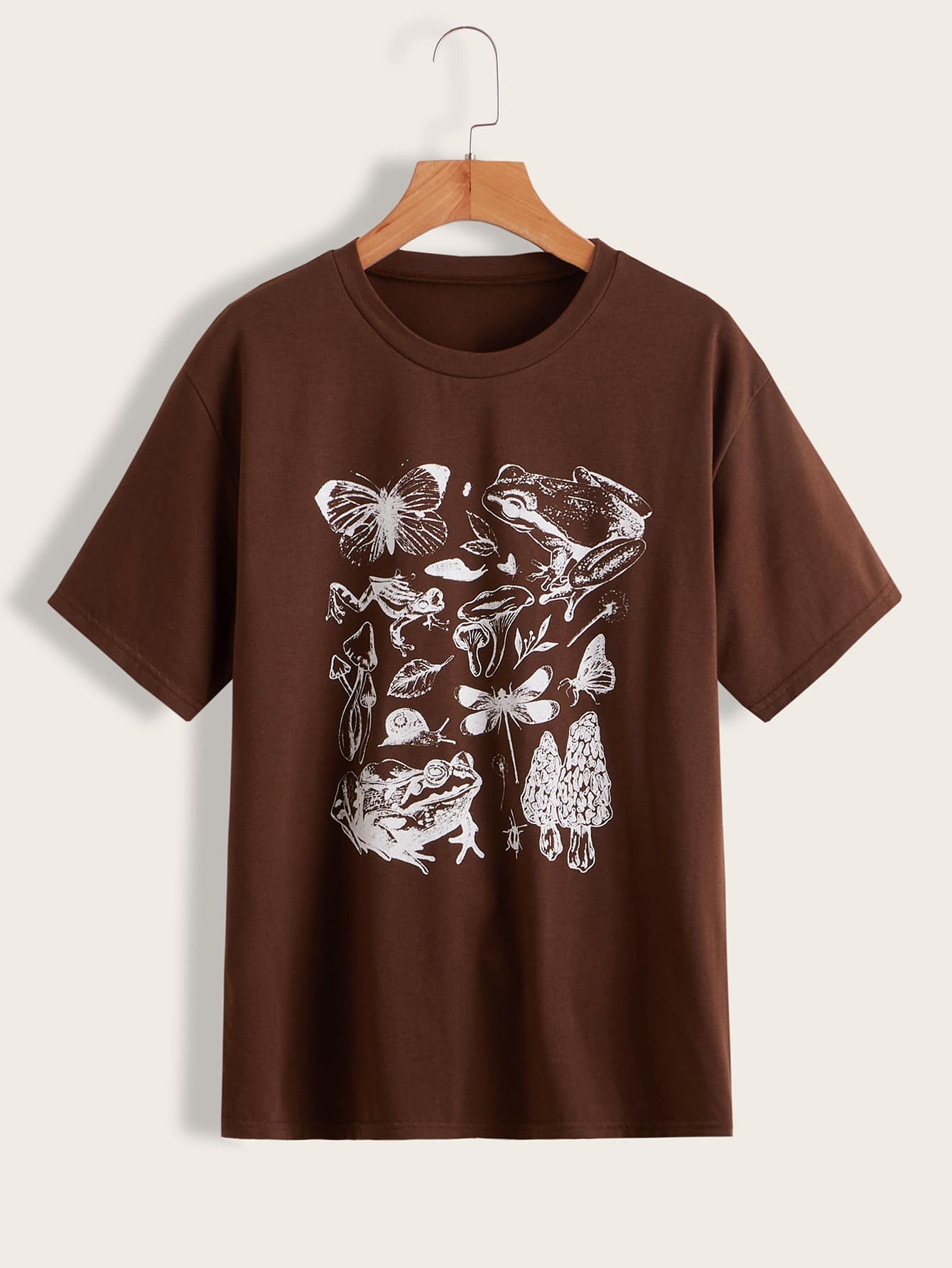 SHEIN EZwear 蘑菇和蝴蝶圖案短袖T恤 - 棕色 - 查看 1