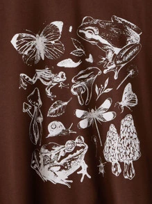 SHEIN EZwear 蘑菇和蝴蝶圖案短袖T恤 - 棕色 - 查看 3
