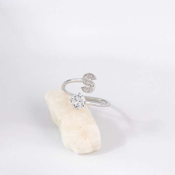 

Zircon Letter Decor Cuff Ring, Silver