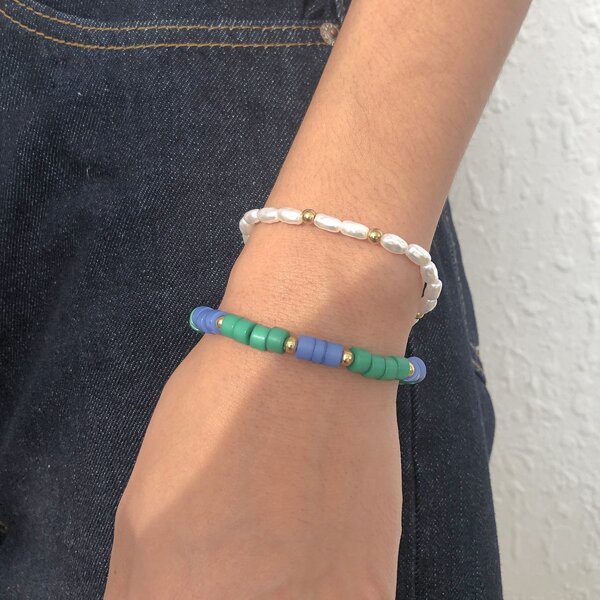 

2pcs Faux Pearl Beaded Bracelet, Green