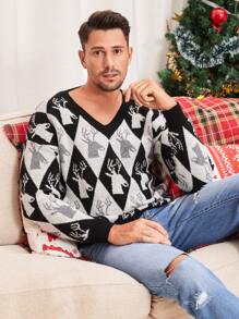 Manfinity Men Christmas Elk & Argyle Pattern Drop Shoulder Jumper - Black and White - View 1