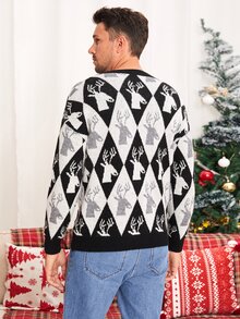 Manfinity Men Christmas Elk & Argyle Pattern Drop Shoulder Jumper - Black and White - View 2