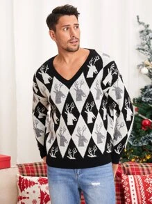 Manfinity Men Christmas Elk & Argyle Pattern Drop Shoulder Jumper - Black and White - View 3