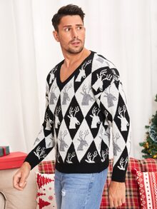 Manfinity Men Christmas Elk & Argyle Pattern Drop Shoulder Jumper - Black and White - View 4