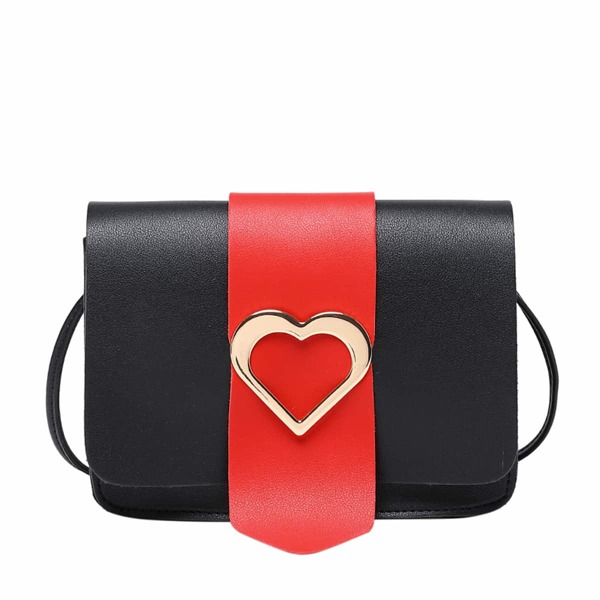 

Colorblock Heart Decor Square Bag, Black