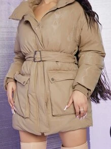 SHEIN SXY 蛇皮印花翻盖口袋后开衩束带 PU 皮革夹棉大衣