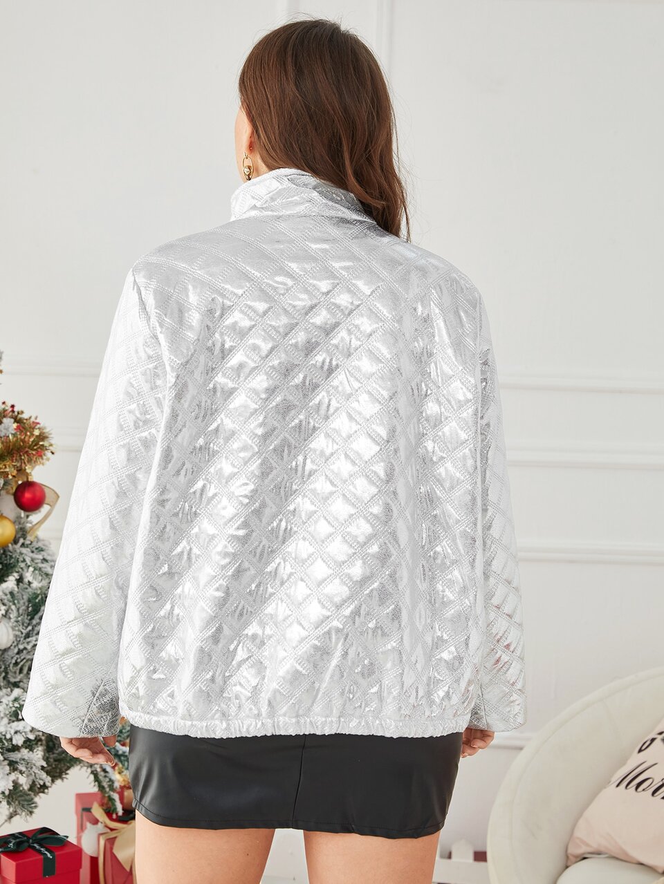 Plus Argyle Quilted Zipper Jacket