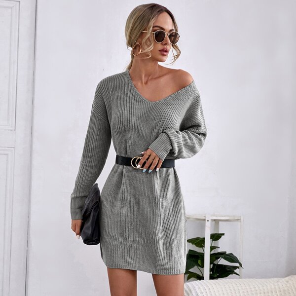 

Drop Shoulder Ribbed Knit Sweater Dress Without Belt, Grey