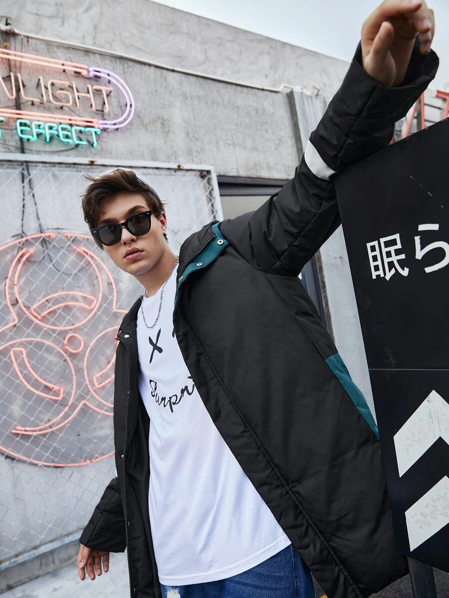 Manfinity 男士撞色拼接连帽夹棉大衣 - 黑色 - 查看 1