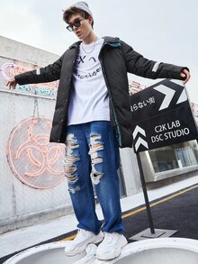 Manfinity 男士撞色拼接连帽夹棉大衣 - 黑色 - 查看 3