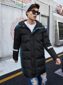 Manfinity 男士撞色拼接连帽夹棉大衣 - 黑色 - 查看 4