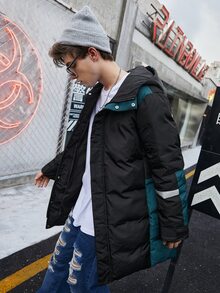 Manfinity 男士撞色拼接连帽夹棉大衣 - 黑色 - 查看 5