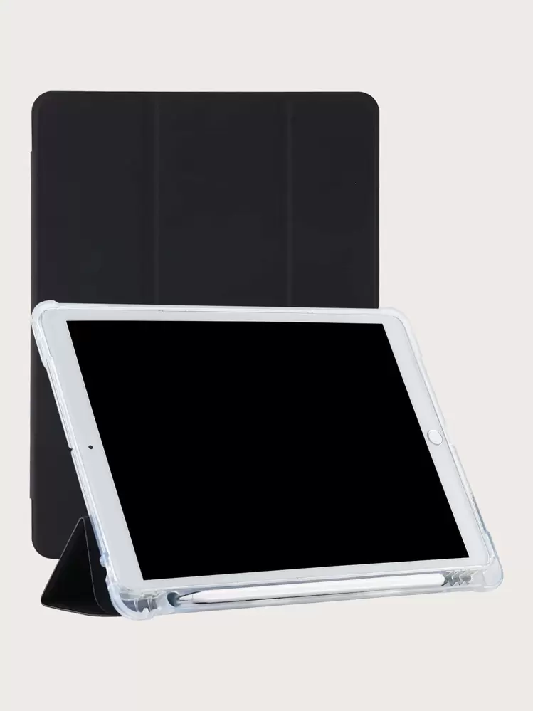 IPad Pencil Slot Shockproof Protective Case, Built-In Pencil Slot, TPU Soft Shell, Minimalist/Casual/IPad Flip Folio Case, Compatible With IPad Mini4/5/Mini6/Mini7/9.7/10.2/10.5/10.9/10th Gen/11-Inch/12.9-Inch/Air 11-Inch (M2) 2024/Air 13-Inch (M2) 2024/Pro 13-Inch (M4) 2024/Pro 11-Inch (M4) 2024/IPad Air 13 (M3 2025)/IPad Air 11-Inch (M3) 2025/IPad (A16) 11 Inch 11th Generation 2023, Matte TPU Soft Shell, Pencil Slot On Left Side - Black - View 1