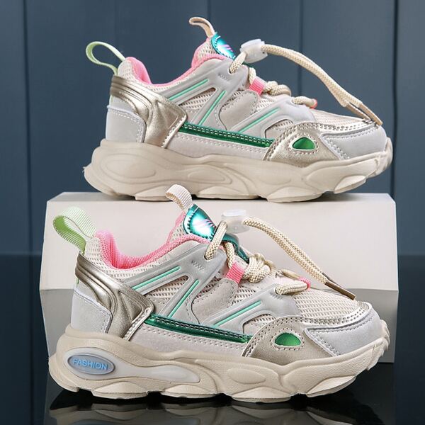 

Girls Colorblock Lace-up Front Chunky Trainers, Beige