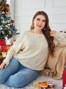 SHEIN Áo len Plus Size Pha lê kim cương màu trơn Gợi cảm - Màu be - Xem 1