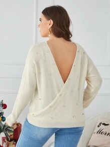 SHEIN Áo len Plus Size Pha lê kim cương màu trơn Gợi cảm - Màu be - Xem 2