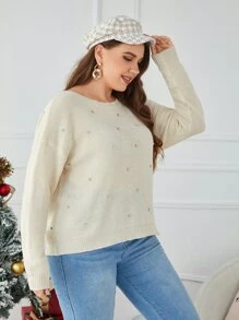 SHEIN Áo len Plus Size Pha lê kim cương màu trơn Gợi cảm - Màu be - Xem 3