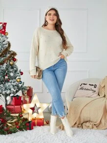 SHEIN Áo len Plus Size Pha lê kim cương màu trơn Gợi cảm - Màu be - Xem 4