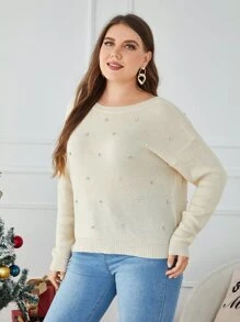 SHEIN Áo len Plus Size Pha lê kim cương màu trơn Gợi cảm - Màu be - Xem 5