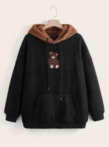 SHEIN Qutie Áo nỉ cỡ lớn có hình gấu, túi kangaroo và dây rút. - màu đen - Xem 1