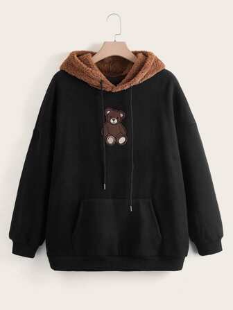 هودي برباط بجيب الكنغر مرقع بدب مقاس كبير