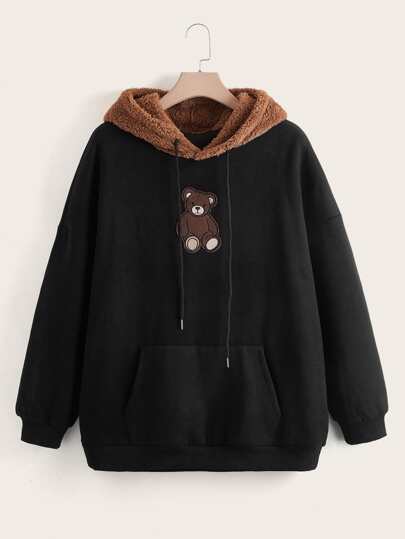 هودي برباط بجيب الكنغر مرقع بدب مقاس كبير