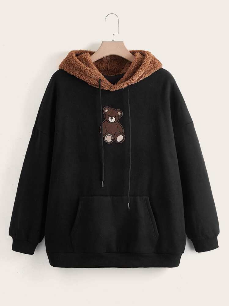 SHEIN Qutie Plus Size Bear Patched Kangaroo Pocket Drawstring Sweatshirt - Black - View 1