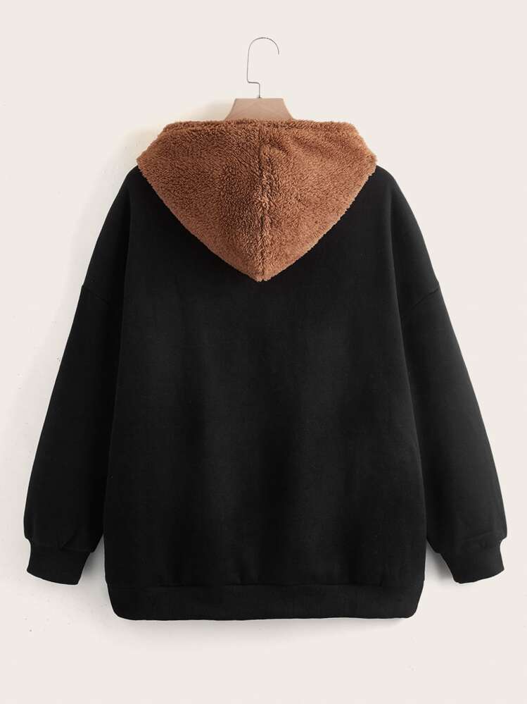 SHEIN Qutie Plus Size Bear Patched Kangaroo Pocket Drawstring Sweatshirt - Black - View 2