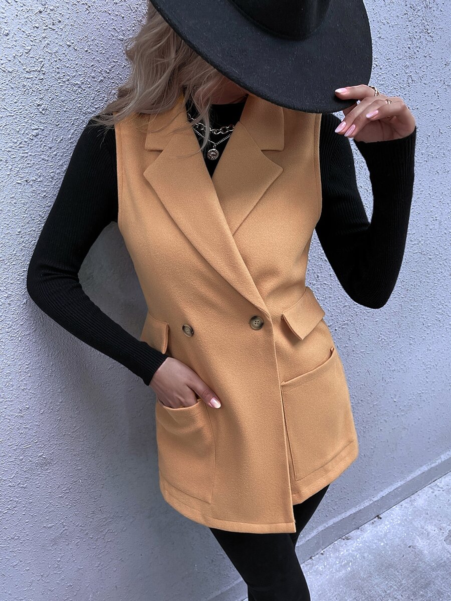 Button Front Dual Pocket Lapel Neck Overcoat - Khaki - View 1