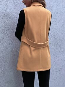 Button Front Dual Pocket Lapel Neck Overcoat - Khaki - View 2