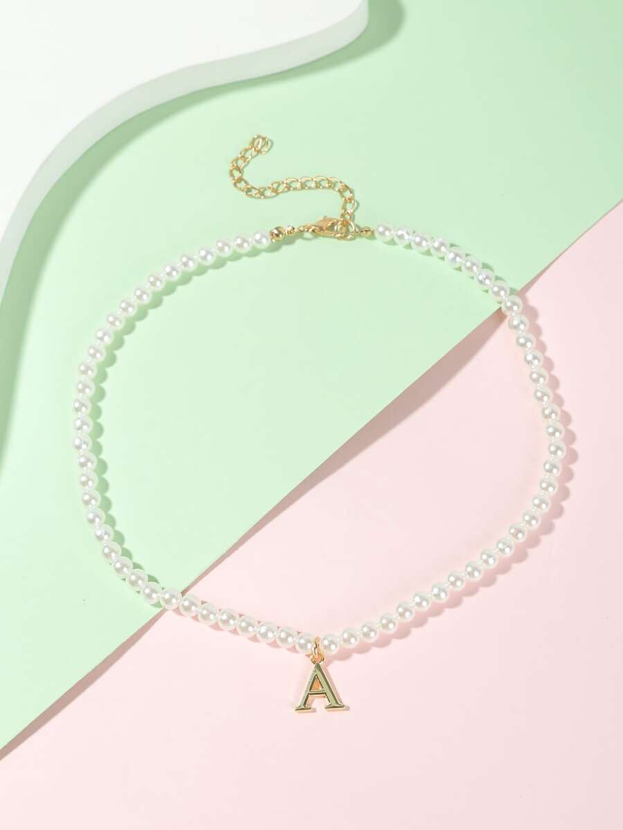 女孩字母吊墜串珠項鍊 - 彩色 - 查看 1