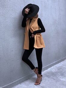 Button Front Dual Pocket Lapel Neck Overcoat - Khaki - View 4